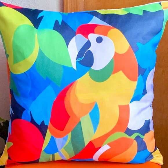 Set/2 Contemporary Jungle Parrots Outdoor Waterproof Patio Pillow Cushion Covers - Picture 2 of 4
